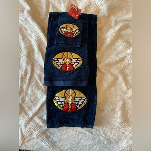 Towels Angel Embroidered Hand Towels dark blue set of 3 soft absorbent NWT towel - Picture 2 of 3